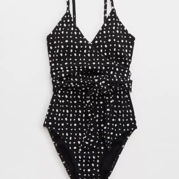 NEW WITH TAGS Aerie Ribbed Wrap One Piece Polka Dot Swimsuit Size XL Size 16 NEW - Picture 2 of 11